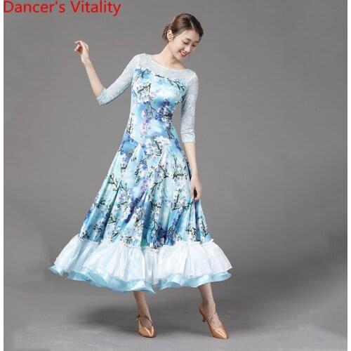 Slap-up Women Modern Dance Wear Lace Milk Fiber Patchwork Slim Fit Big Hem Dress Waltz National Standard Jazz Dancing Stage Suit