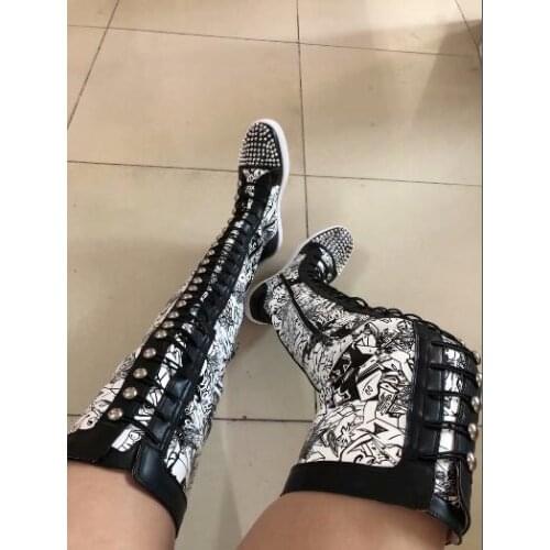 Drop Shipping Girls Spike Rivets Studs Round Toe Lace Up Thigh Boots Woman Black Printed Over The Knee Casual Flat Boots Shoes