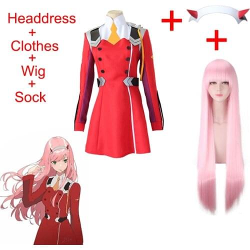 DARLING in the FRANXX Code002 Full Cosplay Costume Skirt Includes Black Stockings Wig Headdress Halloween Clothing For Women
