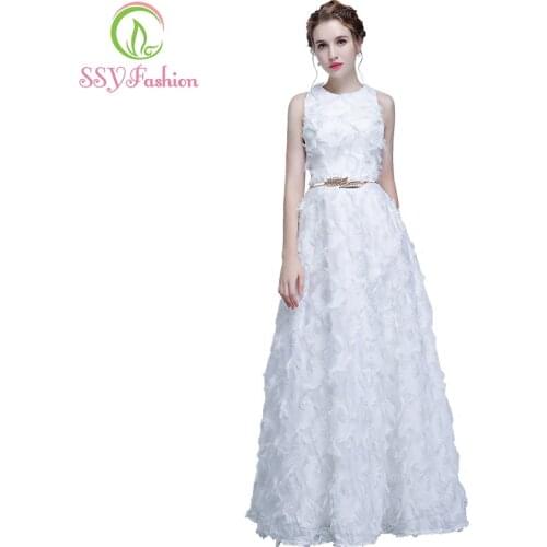 SSYFashion New Simple Evening Dress The Banquet Elegant White Feathers Sleeveless Long Prom Party Gown Robe De Soiree Custom