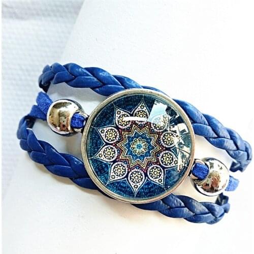 1pc 2018 (6 styles can be choose)red blue Bandanna charm Bracelet Mandala Flower Buddhism zen Glass Cabochon bangle hand chain