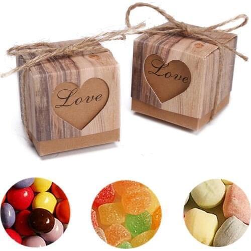 100pcsWedding Black Love Rustic Kraft Imitation Bark Candy Box with Rope Jute Shabby Chic Vintage Twine Wedding Favor Gift Boxes