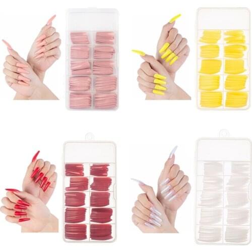 100Pcs/set Solid Color False Nail Long Ballerina Simple Fake Nails Extension Nails Art UV Gel Acrylic Manicure Full Nail Tips