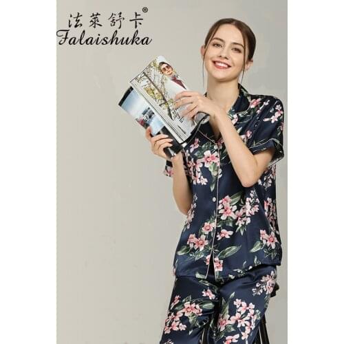 19 momme 100% silk pajama sets women short sleeve trousers noble Flowers indoorwear pyjamas women pijamas mujer T8275