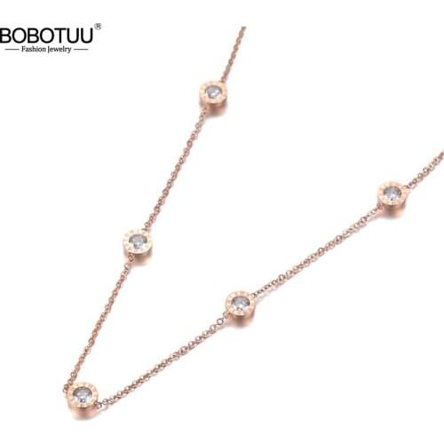 BOBOTUU Trendy Titanium Steel 5Pcs Roman Numeral CZ Crystal Charm Pendant Jewelry Rose Gold Wedding Necklaces For Women BN19101