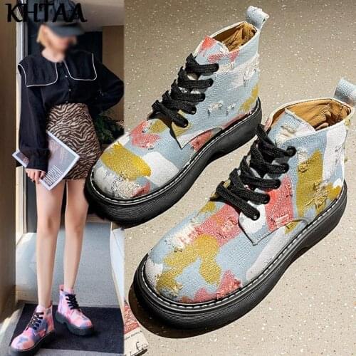 Womens Ankle Boots Female Camouflage Boots Thick Bottom Mixed Colors Lace Up Round Toe Non-slip Autumn Lady Shoes Fashion 2021