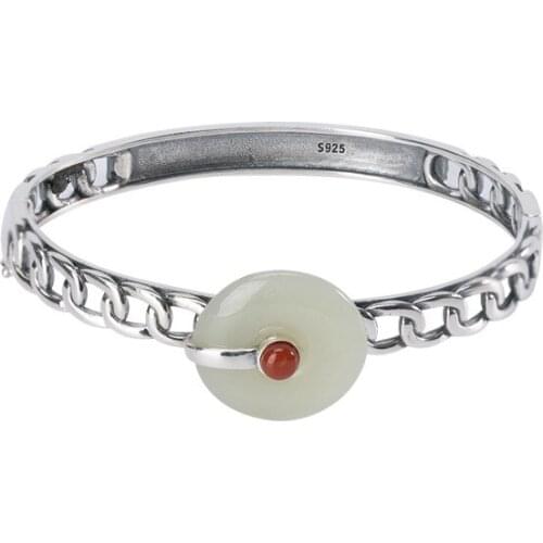 S925 sterling silver Natural Hetian jade Bracelet Retro Personality Weaving Peace buckle Ladies Opening bracelet