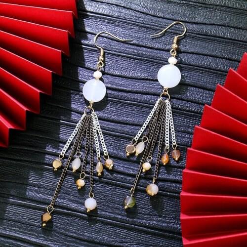 Boho Bead & Chain Tassel Long Earrings Formal Dangle Tribal Primitive Jewelry 9.9cm Birthday Gift for Women Tassel KX0F04-49FJK