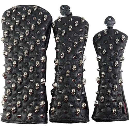 NRC Golf Head Covers for #1 Driver #3 #5 Fairway Woods Clubs Headcovers & Interchangeable No. Tag - BLACK Skull Rivets