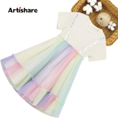 Summer Dresses For Girls Rainbow Mesh Dress For Girl Patchwork Kids Ruffles Dresses Teenage Childrens Clothing 6 8 10 12 14