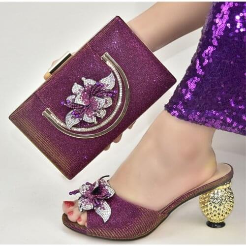 Doershow beautiful Shoes and Bag Set African Sets 2021 PURPLE Color Italian Shoe Bag Set Decorated with Rhinestone! SSC1-2