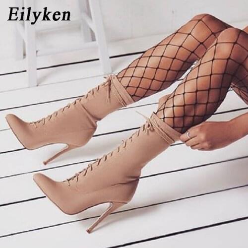 Eilyken Autumn Winter Stretch Fabric Lace-Up Boots Pointed Toe High Heel Boots Sexy Ankle Boots For Woman Socks Women Boots