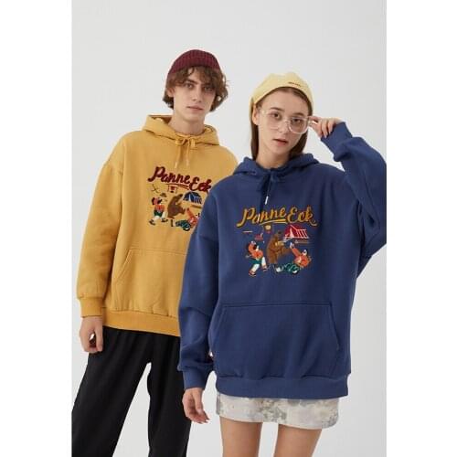 Harajuku Embroidery Bear Fleece Sweatshirts Hoodies Streetwear Hipster Fashion Hip Hop Casual Couples Pullovers Hooded Tops Men
