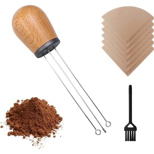 Coffee Stirrer Needle,Whisk Wood Handle Pin Distributor for Tamper Stirring Distribution with Filter Paper,CleaningBrush
