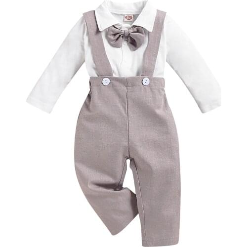 FOCUSNORM 4 Colors Autumn Baby Boys Gentleman Clothes Sets Solid Long Sleeve Romper With Bow Tie+Suspender Pants 0-18M
