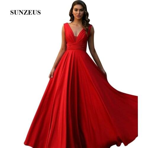 Red Chiffon Evening Gowns A-line V-neck Elegant Long Formal Dresses Lady Party Dress Simple abito lungo cerimonia donna