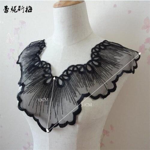 3Pieces 13X31cm Black Polyester Floral Flower Motif Venise Lace Collar Trim Lady Dress Decoration YL0067