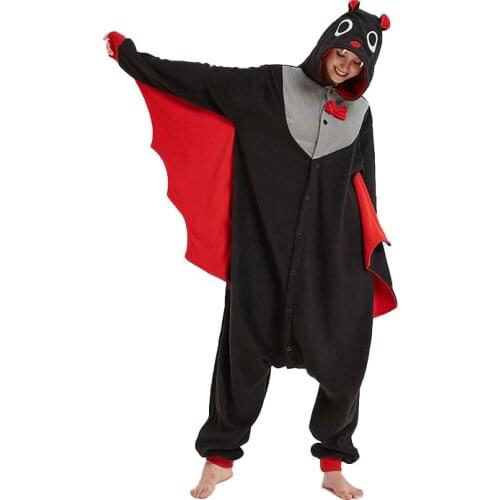 Bat Kigurumis Black Red Funny Cute Onesie Women Men Adult Winter Pajama Animal Suit Halloween Party Performance Polar Fleece