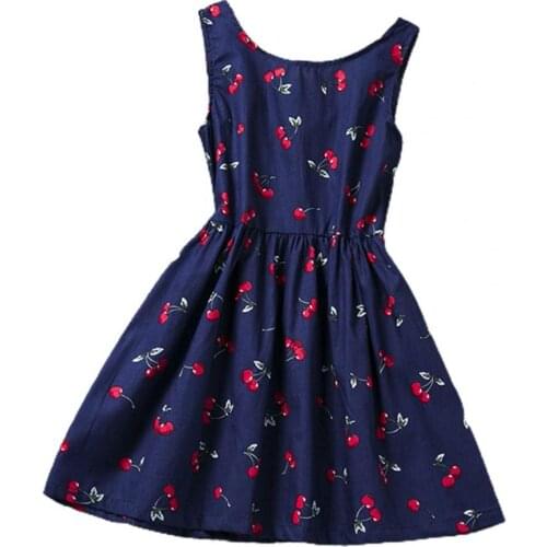Sweet Girls Dress Round Neck Cherry Print Middle Length Children Backless Lace Up Dress for Daily Wear