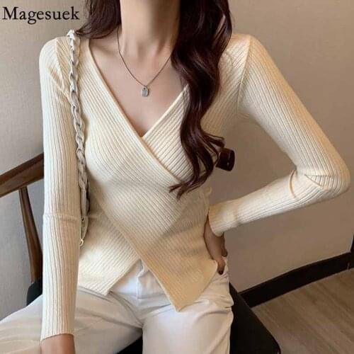Fashion Long Sleeve Knitted Sweater Womens V-neck Bottomed Slim Sweater Autumn and Winter Korean Pullover Versatile Shirt 16157