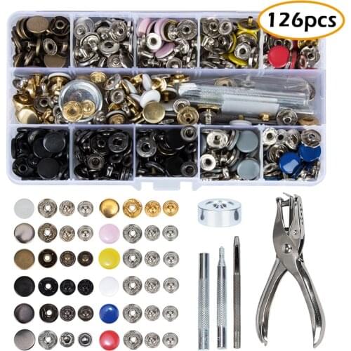 126PCS DIY Sewing Supplies Set 10 Colors Metal Snap Button Grommets Fasteners Kit with 5 Fixing Tools Transparent Storage Box