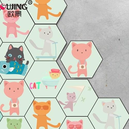 Simple Style Mixed Kitten Pattern Hexagon Tile Floor Wall Sticker Living Room Kindergarten Bathroom Non-slip Mat PVC Tile Mural