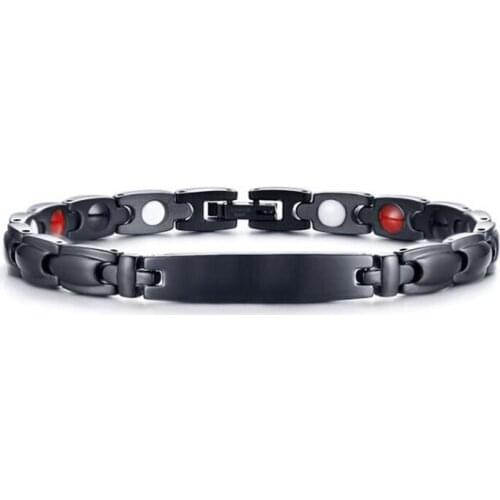 Name Design Engraved Bracelet for Men Black Stainless Steel Health Magnetic Bio Bracelet