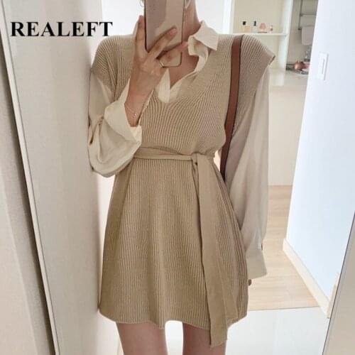 REALEFT 2021 New V Neck Womens Knitting Vest Fashionable Korean Style Sleeveless Lace-up Casual Loose Sweaters Autumn Winter