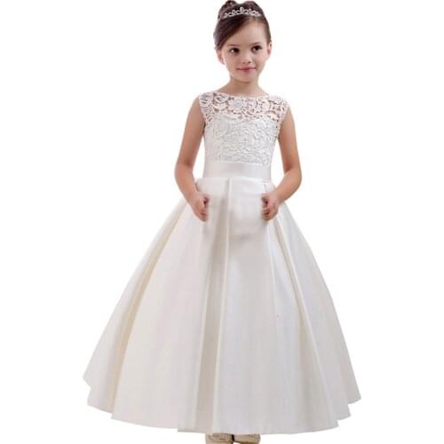Birthday Party Flower Girls Dresses Lace Applique Sleeveless Elegant Satin Floor Length First Holy Communion Dresses