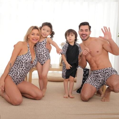 Leopard Print Swimwear Baby Girls Boys Women Summer Children Swimsuit One Piece Mother And Me Swimming Trunks Man Beach Shorts