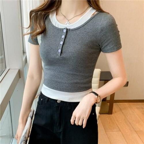 Attached One-Piece Cotton Tshirts Tees Summer Womens Patchwork Round Collar Short Sleeve Crop Top Tshirt Girls S821