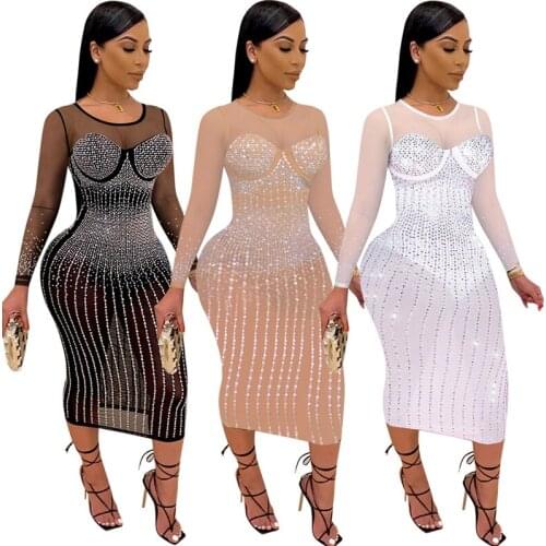 Sheer Mesh Patchwork See Through Hot Rhinestones Plunging V-neck Midi Bodycon Dress Autumn Long Sleeve Sexy Club Party Dresses