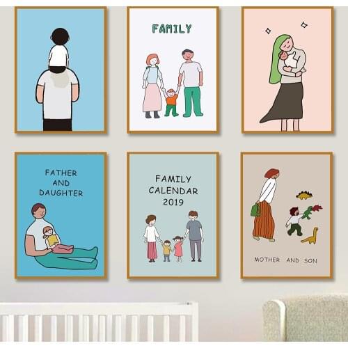 Family Canvas Painting Father and Mother Kids Daily Life Cartoon Prints Posters Love Pictures for Baby Nursery Children Bedroom