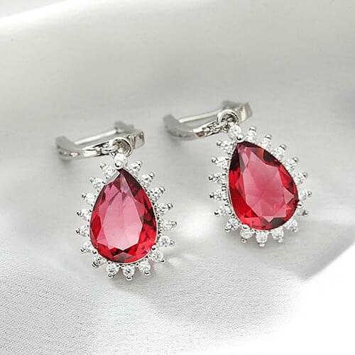 New fashion red crystal ruby gemstones diamonds drop earrings for women white gold silver color jewelry bijoux brincos celebrity