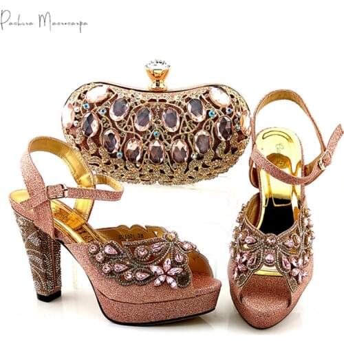 2021 Italian Design New Arrival Nigerian Fashion Style Party Women Shoes and Bag Set Decorated With Rhinestone in Peach Color