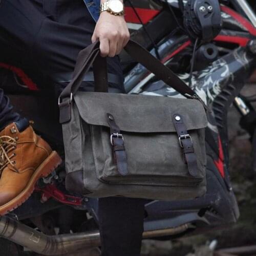 Waxed Canvas Laptop Bag 14 inch Vintage Bike Messenger Bag Men Leather Black Shoulder Crossbody Bag