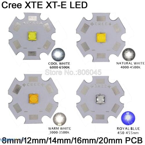 20pcs Cree XTE XT-E 5W High Power LED Emitter Warm White, Cold White, Neutral White & Royal Blue on 8mm 12mm 14mm 16mm 20mm PCB
