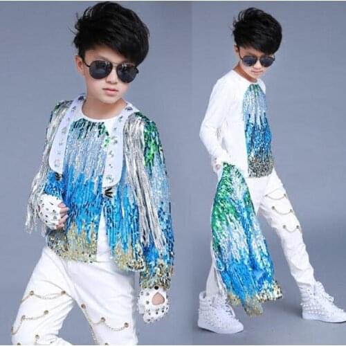 Hip Hop Dance Costumes Colorful Sequin Fringed Coat Jazz Street Dancing Clothes Children Modern Stage Performance Wear DN4982