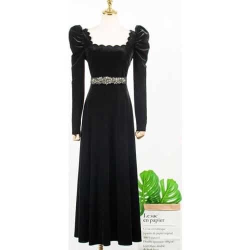 Vintage Elegant Puff Sleeve Velvet Black Dress Women 2020 Autumn Winter Ladies Dresses Woman Party Night robe longue No Belt