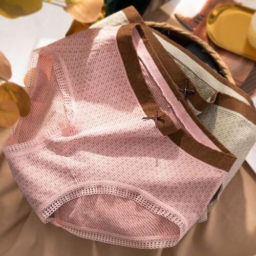 Wasteheart Women Fashion Pink Skin Cotton Mid Waist Panties Bow Underwear Lingerie Seamless Briefs Underpants M L XL Plus Size