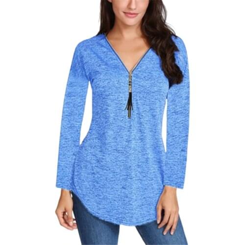 Tassel Zipper Front V-Neck Long Tshirt Women Irregular Slim T Shirts Solid Color Long Sleeve Top Autumn