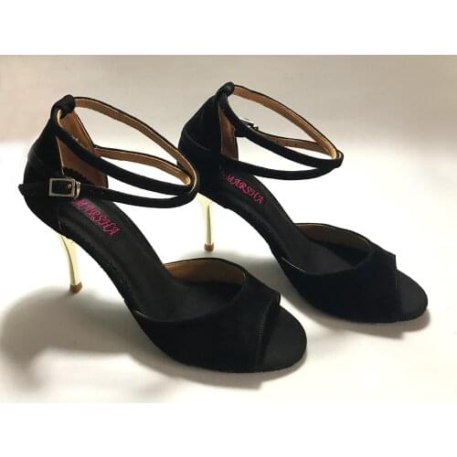 9cm high heel Black Latin Dance Shoes For women Salsa shoes pratice shoes comfortable latin shoes MS6237BLSL Genuine leather