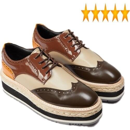 Wing Women New Tip Fashion Brogue Vintgae Lace Up Thick Platform Casual Flats Colors Mixed Genuine Leather Shoes