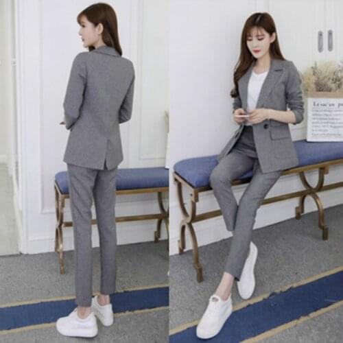 Two-piece set Women Suit Gray Casual Blazer High Waist Pant Office Lady Notched Jacket Pant Suits Korean Femme 2 pieces set