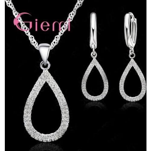 For Women Birthday Marriage Engagement Jewelry Set Glamorous Water Drop Crystal Necklace Earrings 925 Sterling Silver