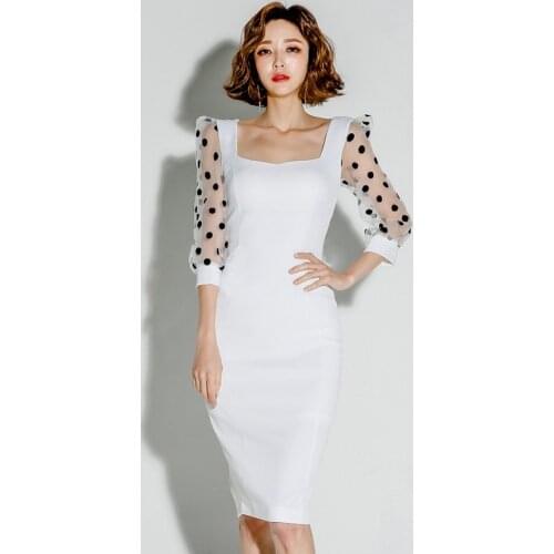 Mesh Patchwork Polka Dot Dress Women Three Quarter Midi Casual White Dress Ladies Sheer Spring Summer Dress 2020 Women Za Brand