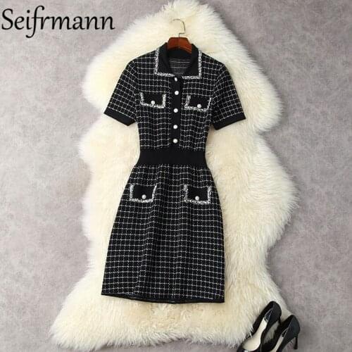 Seifrmann New 2021 Summer Women Fashion Runway Party Pencil Dress Short Sleeve Fake Pocket Elegant Knitting Midi Dress Vestidos