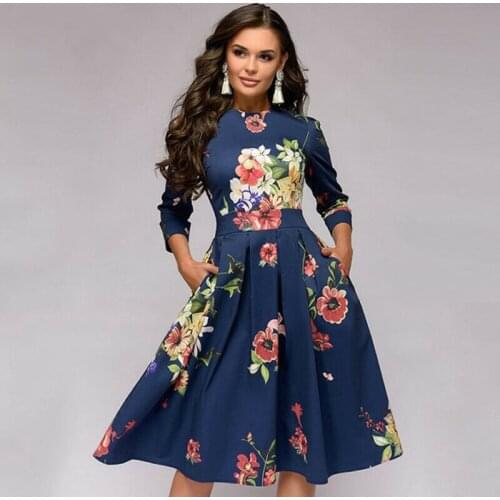 Elegant Women Retro Tunic 3/4 Long Sleeved O Neck Floral Print Bodycon Dresses Vintage Sexy Office Dress