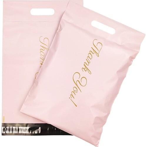 100Pcs Pink Tote Bag Thank You Express Bag With Handle Courier Bag Self-Seal Poly Mailers Waterproof Plastic Envelope Mailbag