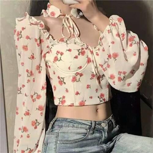2021 New Sexy Women Tops Gothic Floral Print Elegant Chiffon Blouse Shirts Long Sleeve Pink Lady Crop Tops Clothing